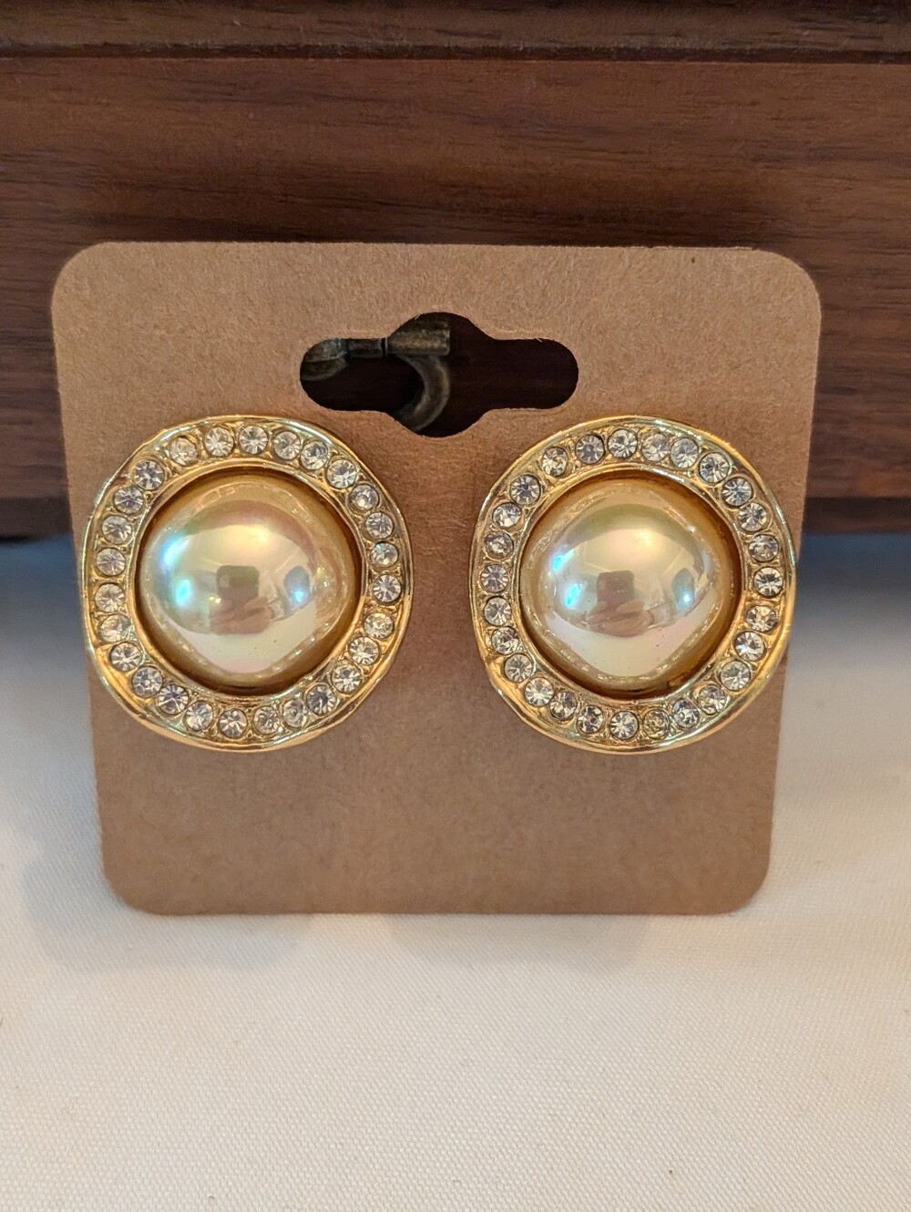 Gold-Tone Pearl and Crystal Circle Clip On Earrings